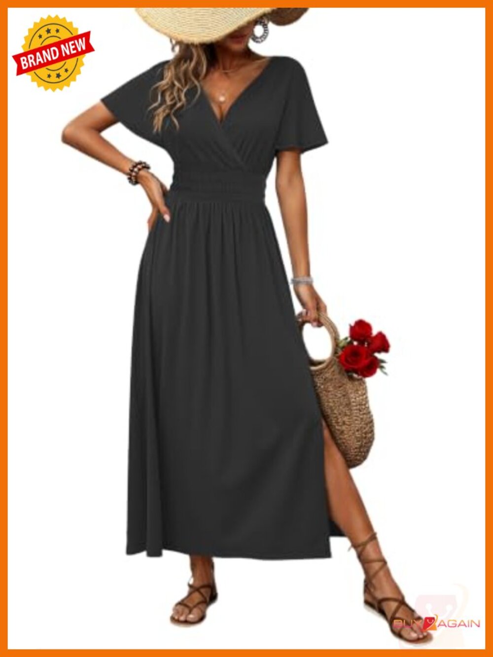 Flutter Sleeve V Neck Maxi Dress with Pockets & Slit